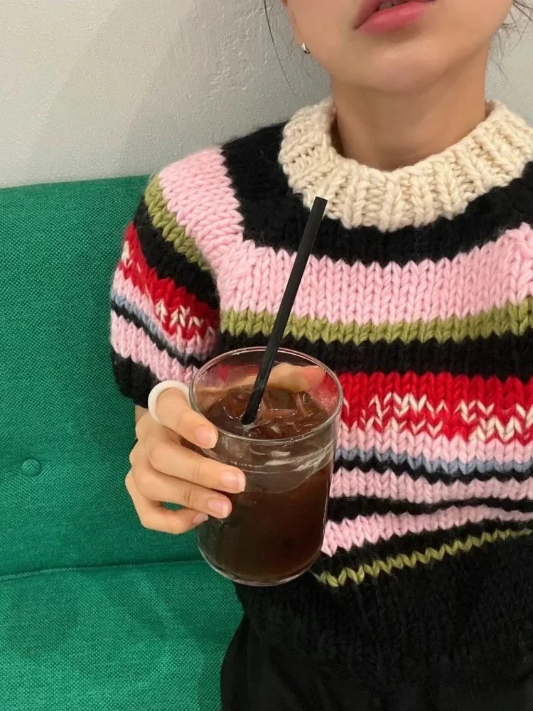 Multicolor Striped Handmade Jumper Sweet Rainbow Wool Blended Color Block Knit Tee Short Sweater Autumn/Winter Woman Knitwear