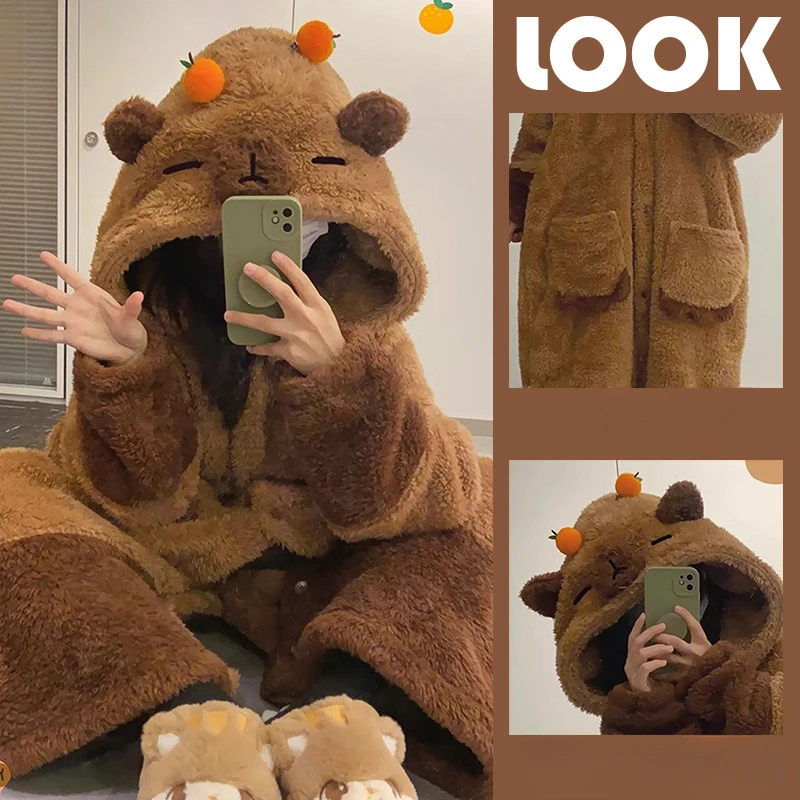 Adult Capybara Cosplay Costume Robes and Pants Kigurumi One Set Anime Nightgown Halloween Cartoon Plush Hooded Pajamas