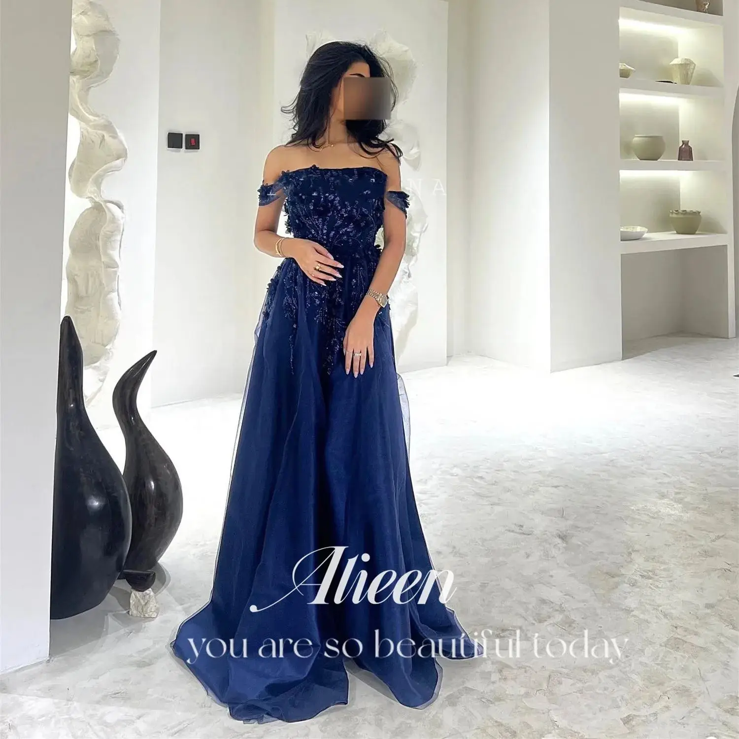 Aileen Off the Shoulders Shiny Dark Blue Bead Embroidery A-line Elegant Party Dresses 2024 Women\'s Long Evening Dress Woman Prom