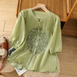 Embroidery Chinese Style Women Blouses Summer Cotto Linen Tops Loose Short Sleeve Clothing Sales V-neck Korean Women's Shirts