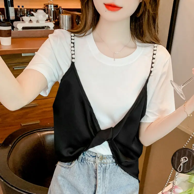 Chiffon Patchwork Short Sleeve T Shirts Summer New Fake Two-piece Solid Color Loose Trend Tops Fashion Casual Women Clothing