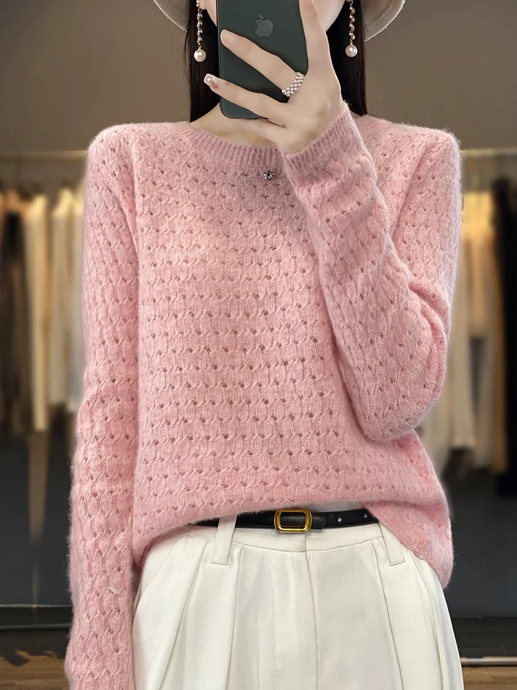 New Women' s O-neck Pullover Sweater Hollow Out Grace Basic Jumper Autumn Winter 100% Merino Wool Knitwear Female Clothing Tops