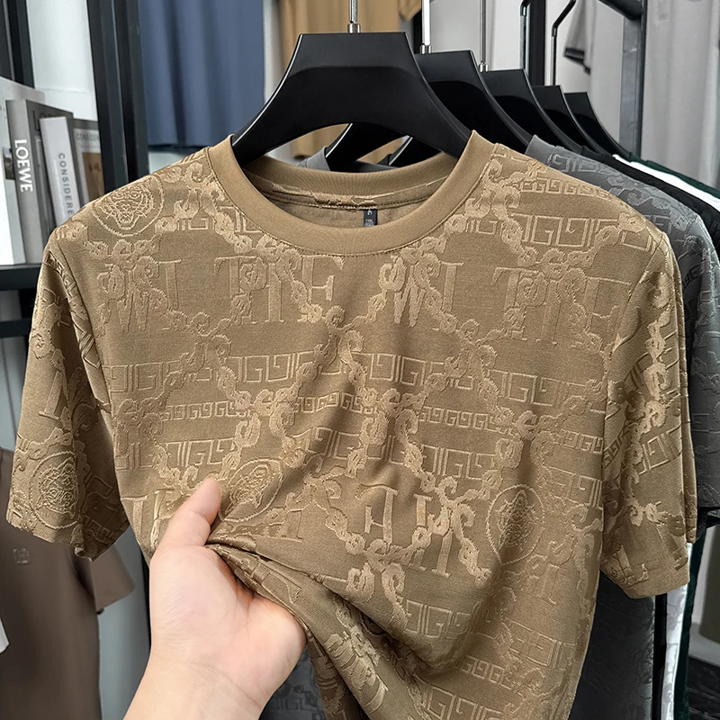 Herren-Oberteil aus dünnem Eisseide-Mesh mit kurzem Arm, durchgehendem Kettenmuster-Jacquard, schmalem, elastischem Rundhalsausschnitt, für Business, Alltag und Freizeit. – Detail 7
