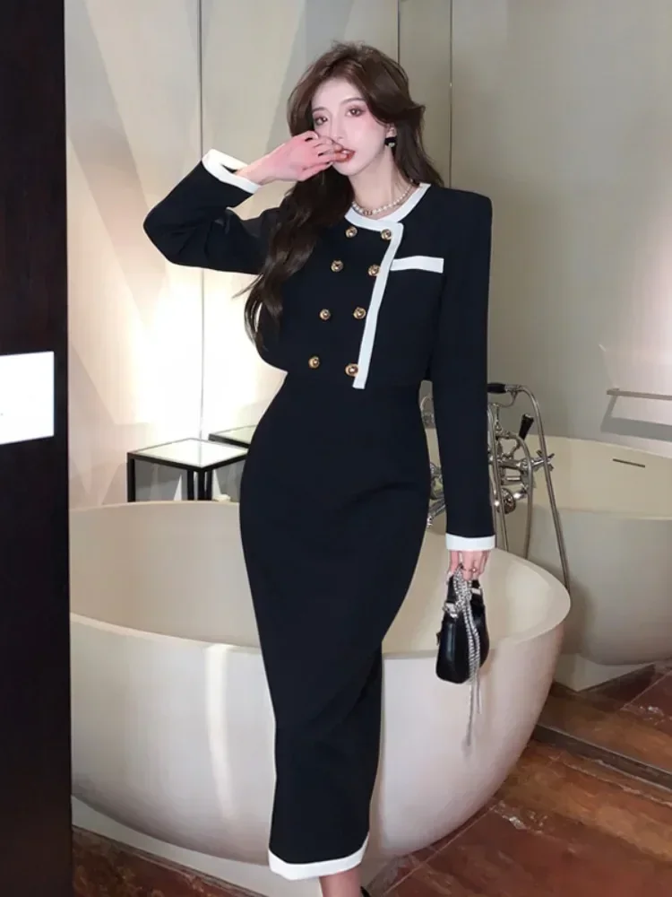 GkyocQ French Small Perfume Wind Suit Female Fall New Classy Temperament Double-breasted Short Jacket + Long Skirt Two-piece Set