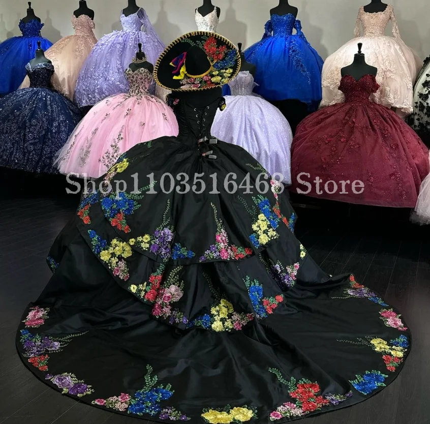 Mexican Princess Quinceanera Dresses2024 Black Off Shoulder 3D Floral Embroidery Chapel Train فساتين سهره نسائيه فخمة