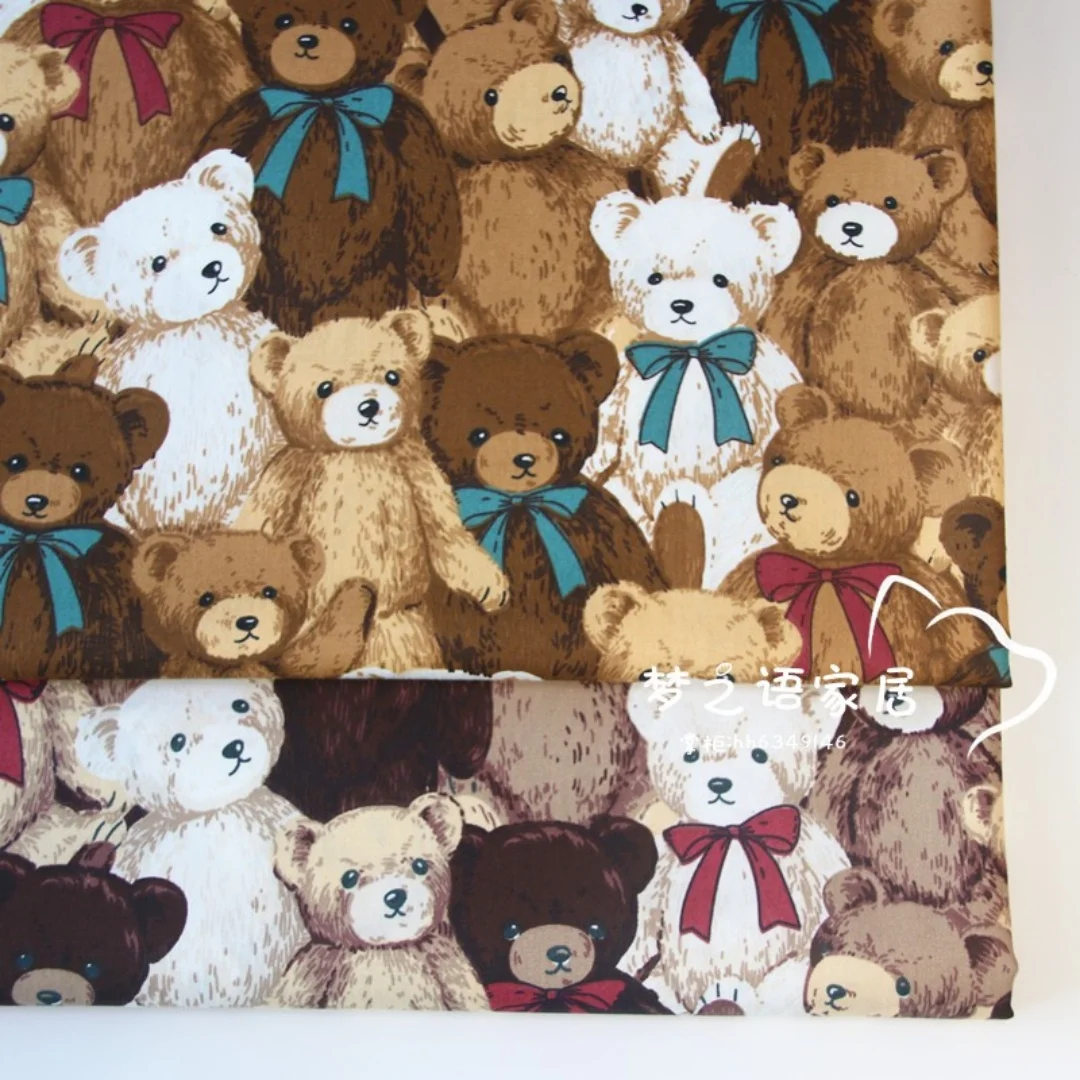 160*50cm Pure Cotton Twill Fabric with Bow Plush Bear Printed for Handmade Clothing and Bedding,DIY Patchwork Cloth Craft
