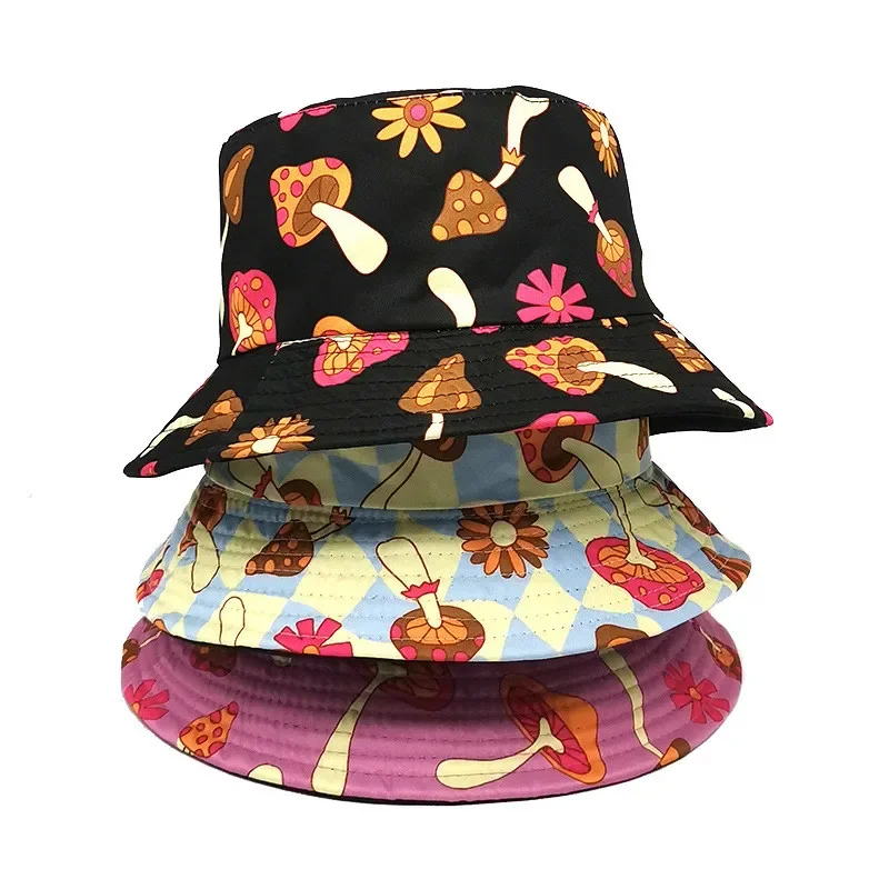 

Four Seasons Cotton Cartoon Mushroom Print Bucket Hat Fisherman Hat Outdoor Travel Sun Cap for Men and Women 235