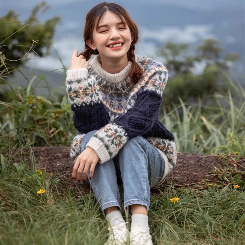 

100-104cm Bust FallWinter Pullover Women Fair Isle Hand Knitted Vintage Pure Handmade Knitted Thick Warm 100%Wool Twists Sweater