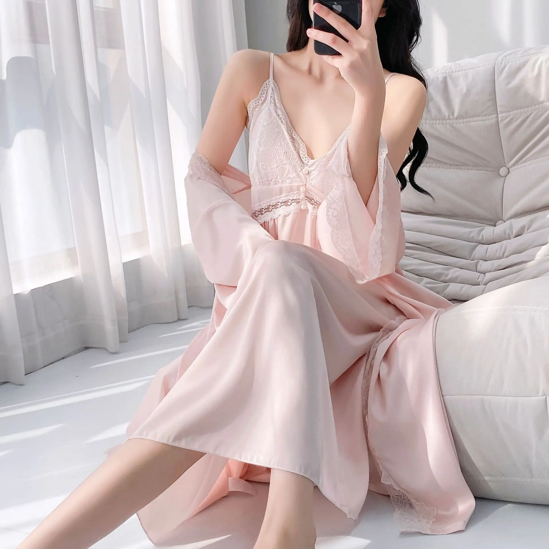 Princess Style Robe Set 2Pcs Vestidos Nightgown Sexy Lace Patchwork Nightdress Chemise Sleepwear Long Home Dress