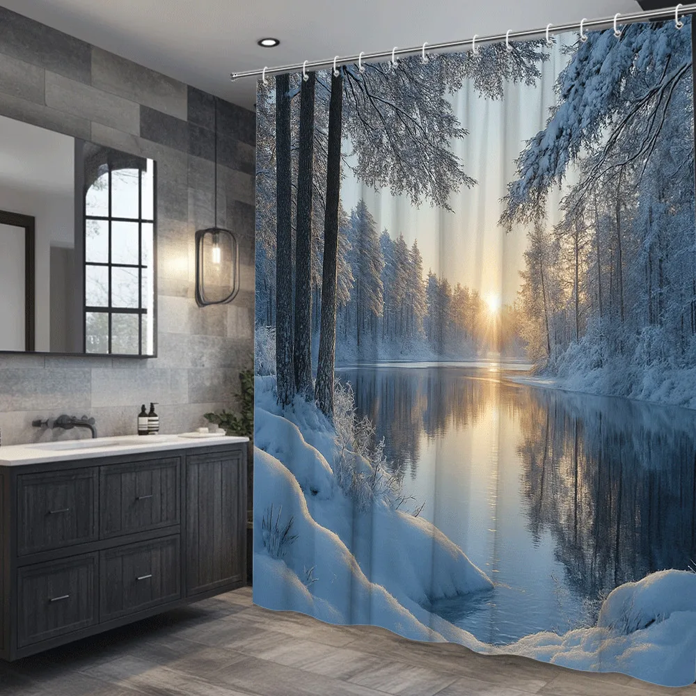 

Зимний лес Занавеска для душа Снежные деревья Озеро Закат Сцена Водонепроницаемая Простота установки Улучшите пространство Быстрая настройка