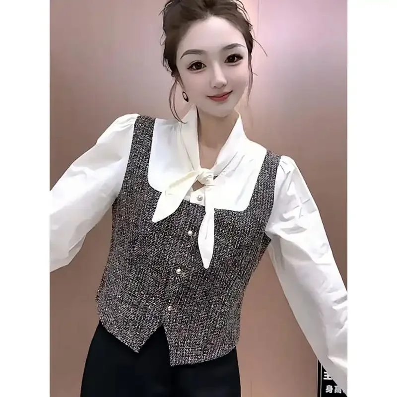 

Women's Elegant V-Neck Tweed Style Tie Fake Two Piece Blouse 2026 Spring Autumn New Age Reducing Versatile Short Office Top