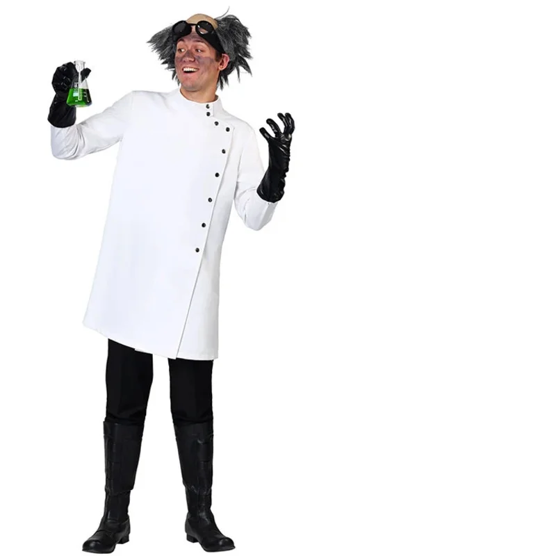 Bata de laboratorio blanca para adultos, uniforme de científico de médico loco para hombres, disfraz con peluca, disfraz de Cosplay de científico loco