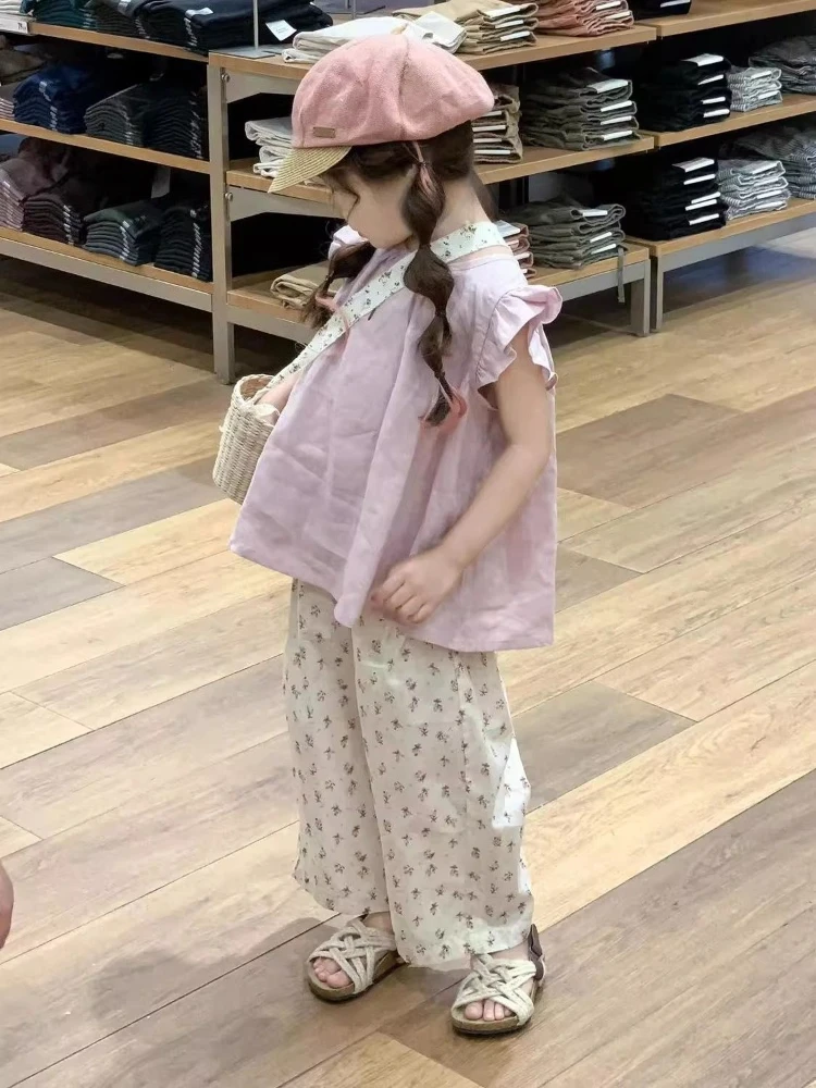 Conjunto de Blusa com Mangas Bufantes e Calças de Perna Larga para Meninas, Nova Moda 2026, Blusa Babydoll Sem Mangas, Conjunto de 2 Peças para o Verão