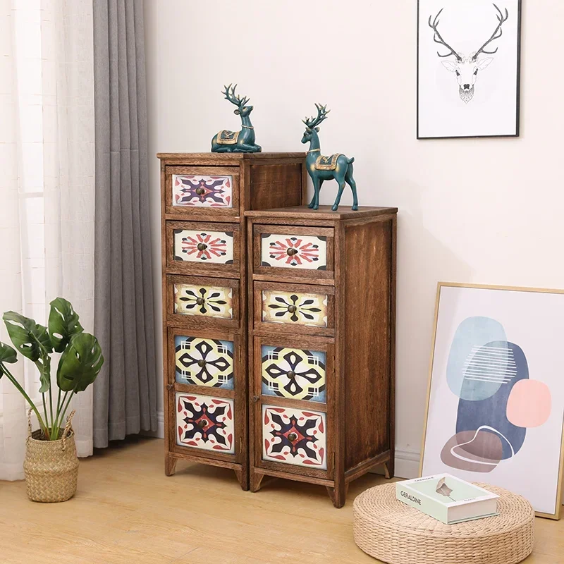 Solid Wood Painted Cabinet Slim American Design for Living Room Ultra-Narrow Vertical Bedside Storage