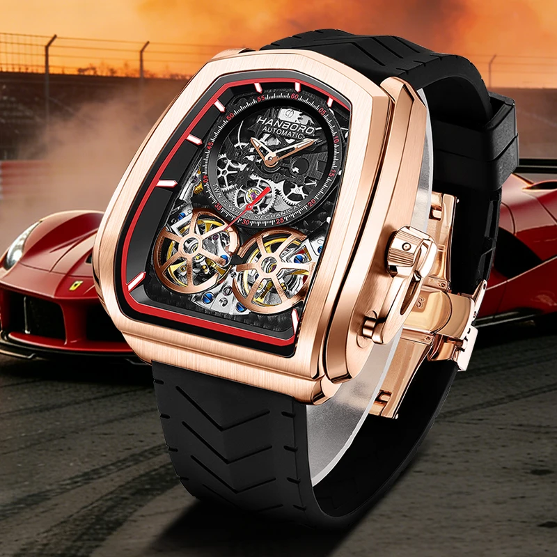 HANBORO Men Automatic Watch Fashion Tonneau Mechanical Wristwatch Luminous Waterproof Skeleton Dual Flywheel Dial Shanghai JH33