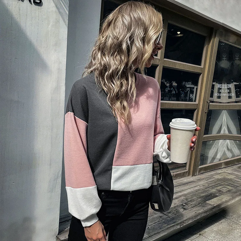 

2022 Autumn New Women's European and American Fashion Stitching Sweater Top Long Sleeve Casual Joker Contrast Color Sweater