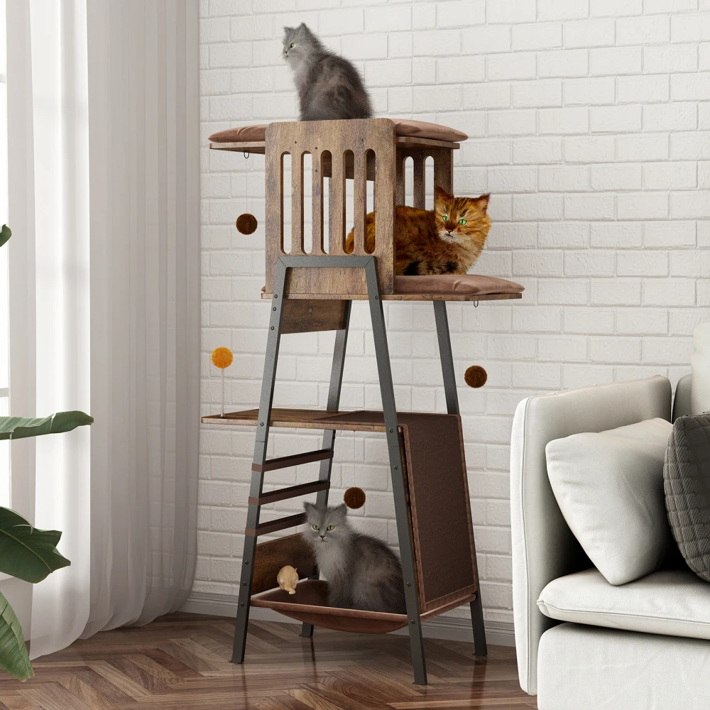 

58-Inch Cat Tree for Large Cats Maine Coon: Scratcher, Perch, Hammock & Pads, Rustic Brown