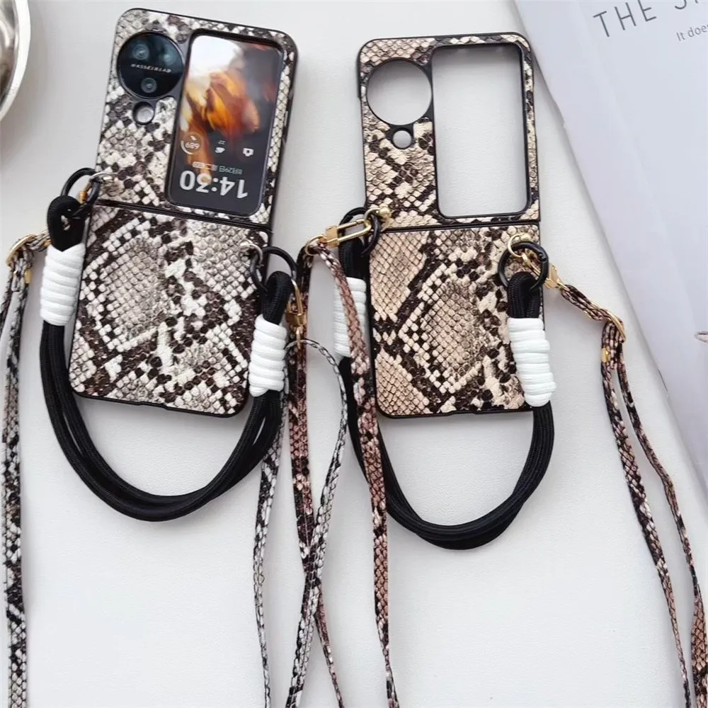 Luxury Fashion Snake Pattern Crossbody Long Short Chain Leather Case For OPPO Find N3 Flip Case Find N2 Flip Huawei P50 Pocket