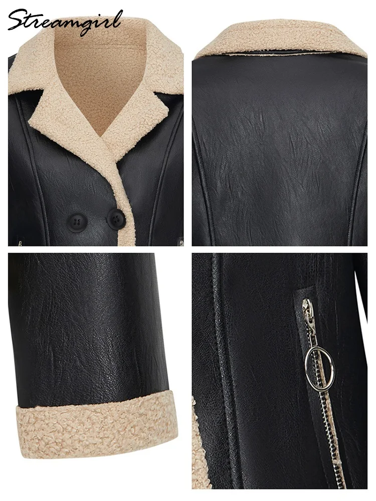 Streamgirl Winter PU Jackets For Women Warm Fleece Coat Black Thick Warm Leather Jacket Women Winter Fur Coats Outwear Spring
