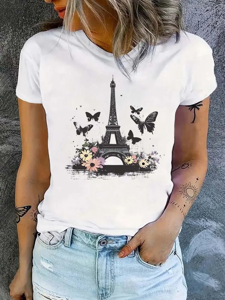 Mode Eiffelturm Floral Print Frauen Sommer T Shirt Mädchen O Hals Lustige Y2K Tops T Weibliche 90er Jahre Casual kleidung