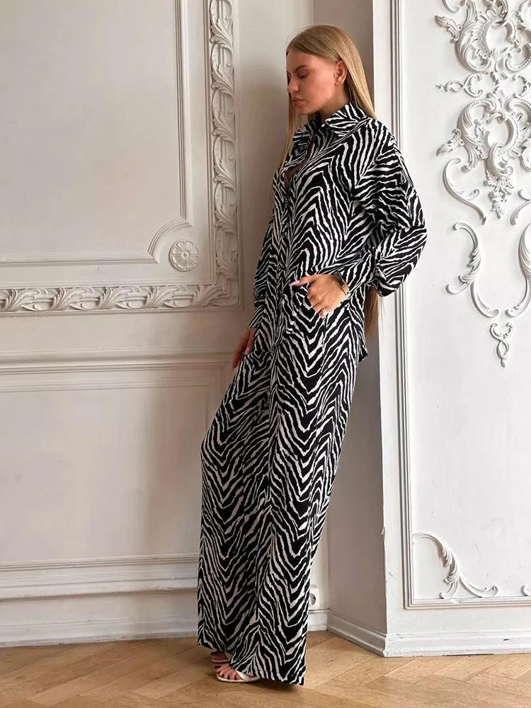 Hiloc Zebra Printing Pants Pajamas Sets Two Pieces Shirts And Pants Women Outfits Casual Wide Legs Pants Sleepwear Autumn 2024