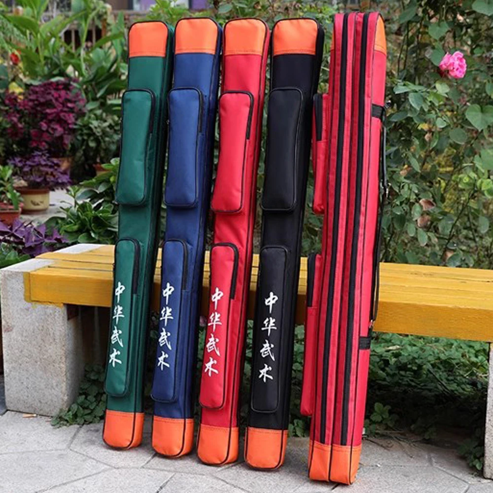 Waterproof Durable Oxford Canvas PU Leather Head End Chinese Martial Arts Tai Chi Sword Shoulder Bag Double Layer for 2 Swords