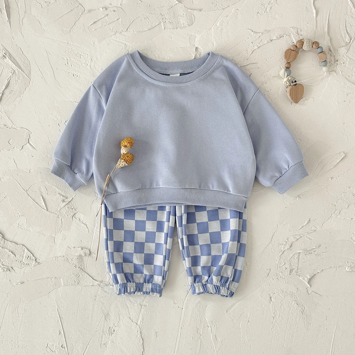 Frühling/Herbst Baby-Set 0-3 Jahre Kapuzenpullover Einfarbiges Oberteil+Karierte Hose Bequemes Stylisches Baby-Outfit für den Herbst – Detail 5
