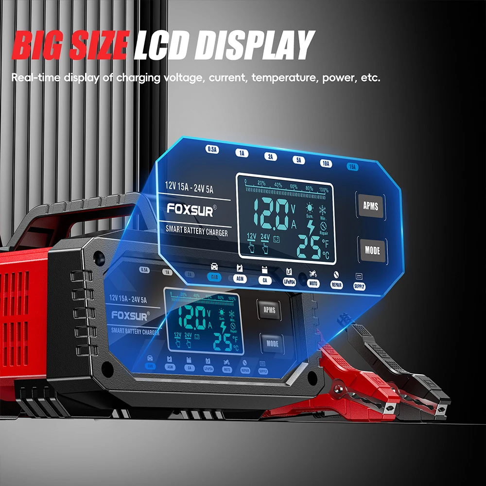 Ładowarka do akumulatorów samochodowych Protect Quick Charger Wiele zabezpieczeń Inteligentny, w pełni automatyczny wyświetlacz LCD 12V/24V