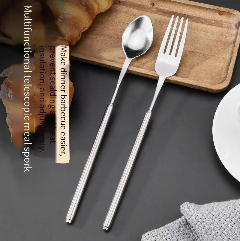 أدوات مائدة تلسكوبية، شوك من الفولاذ المقاوم للصدأ، ملاعق، شوك تلسكوبية طويلة جدًا، محمولة #1