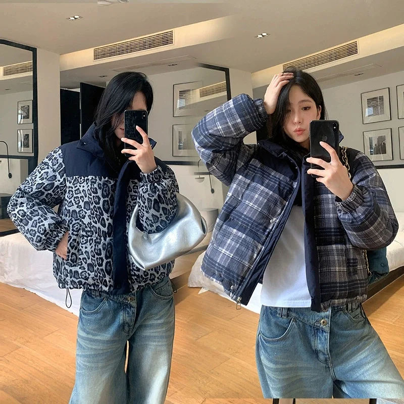 

2025 Fashion Streetwear Printed Cotton-padded Jacket Women's Winter Patchwork Short Parkas Student Coats Warm Loose Outerwear