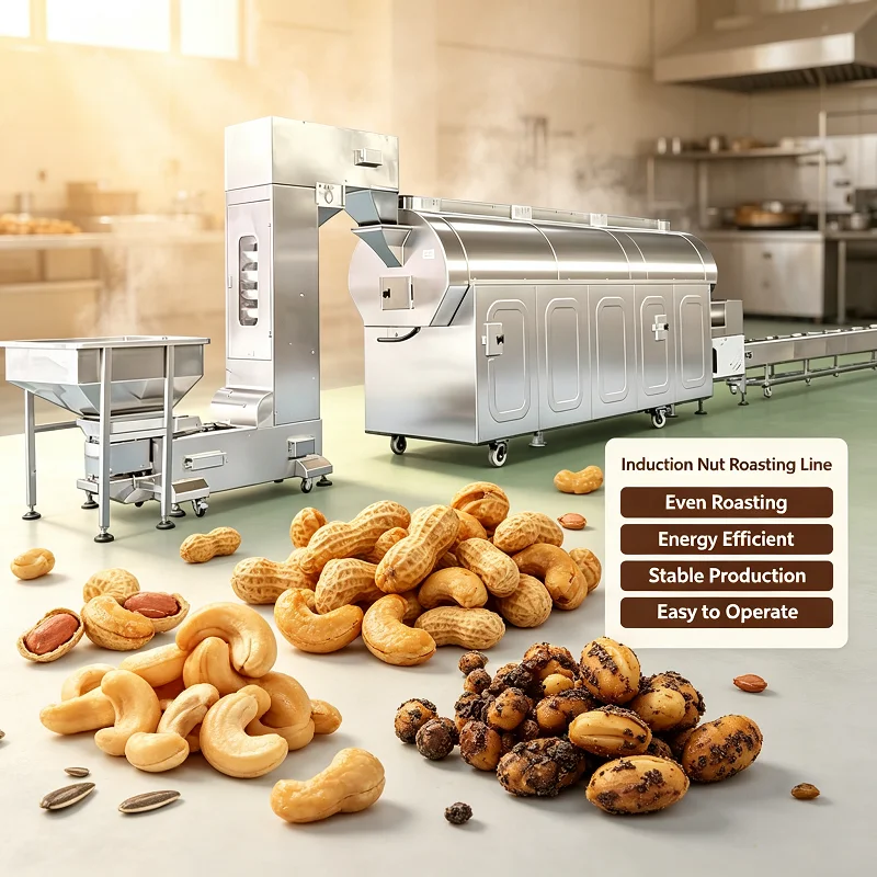 Induction Nut Roasting Line Industrial Automatic Heating Processing Equipment for Cashew Peanut Walnut Almond Nut Food Factory