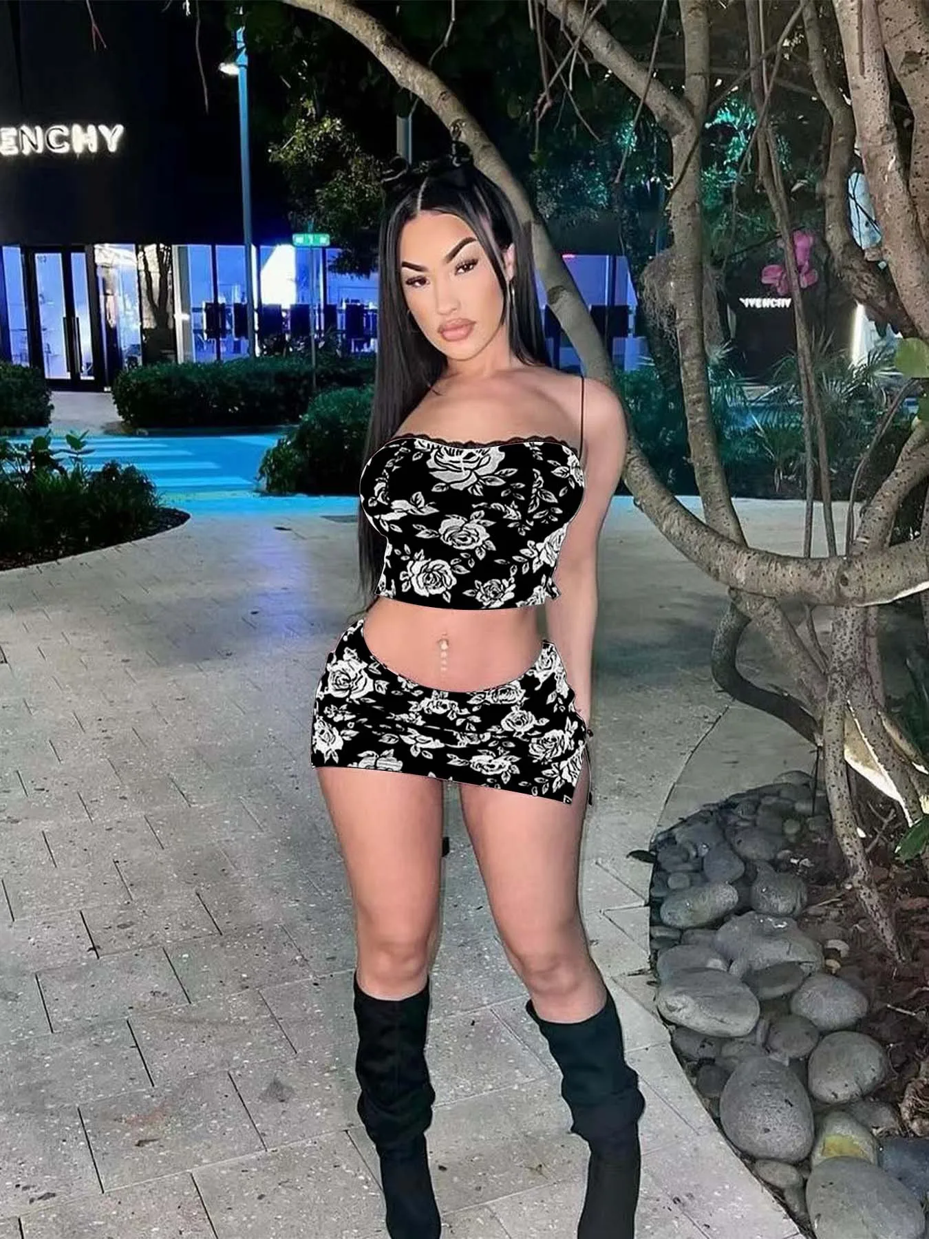 Summer Sexy Flower Print Skirts Suits Lace Halter Dress Two-Piece Set Women'S Tube Vest And Split Skirts Matching Slim Outfits