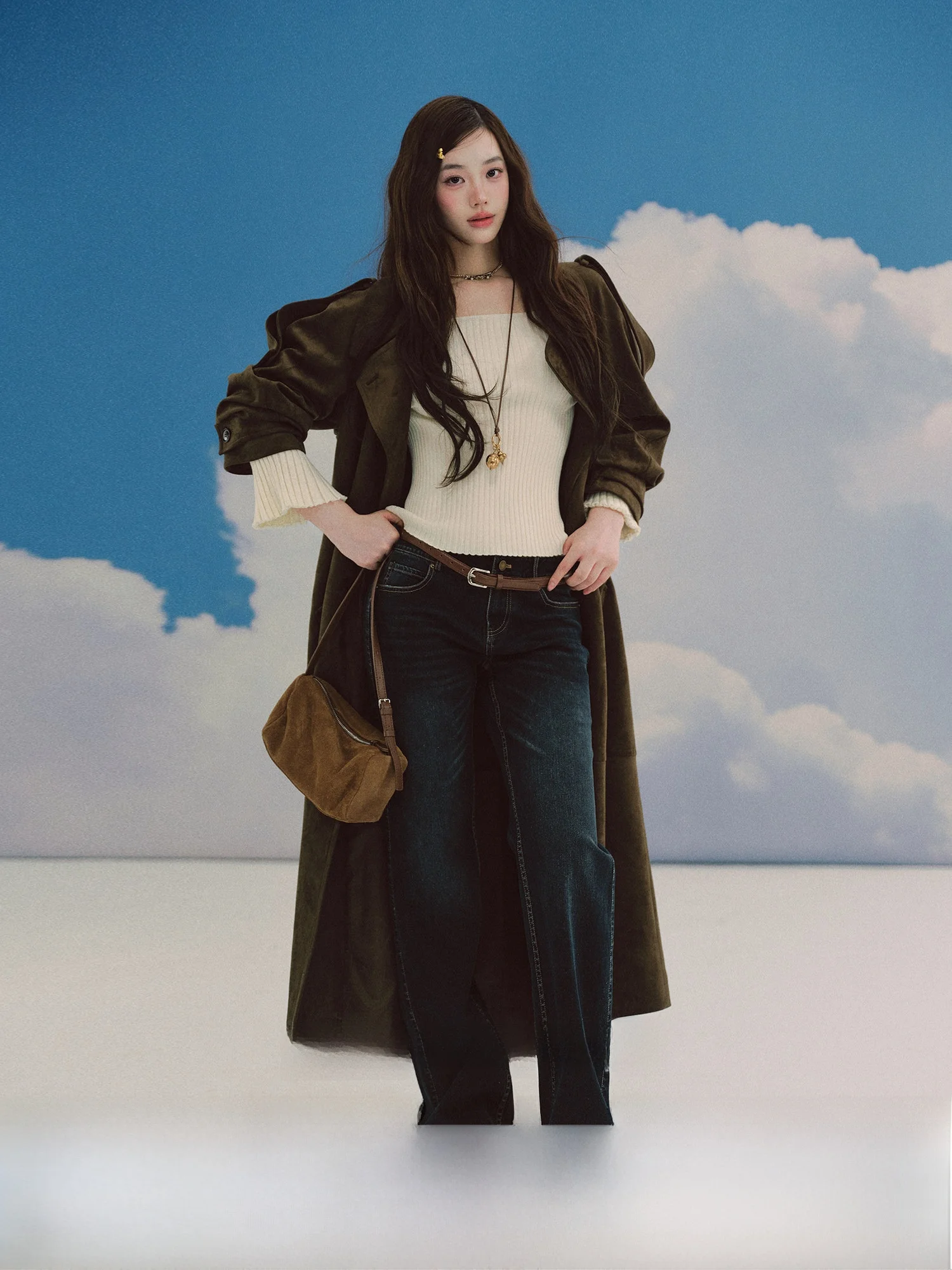 

LaluneDuCiel Casual Lazy Feel Medium Length Suede Coat Jaet Loose Fit Polyester Fiber Stand Sle Women's Outerwear