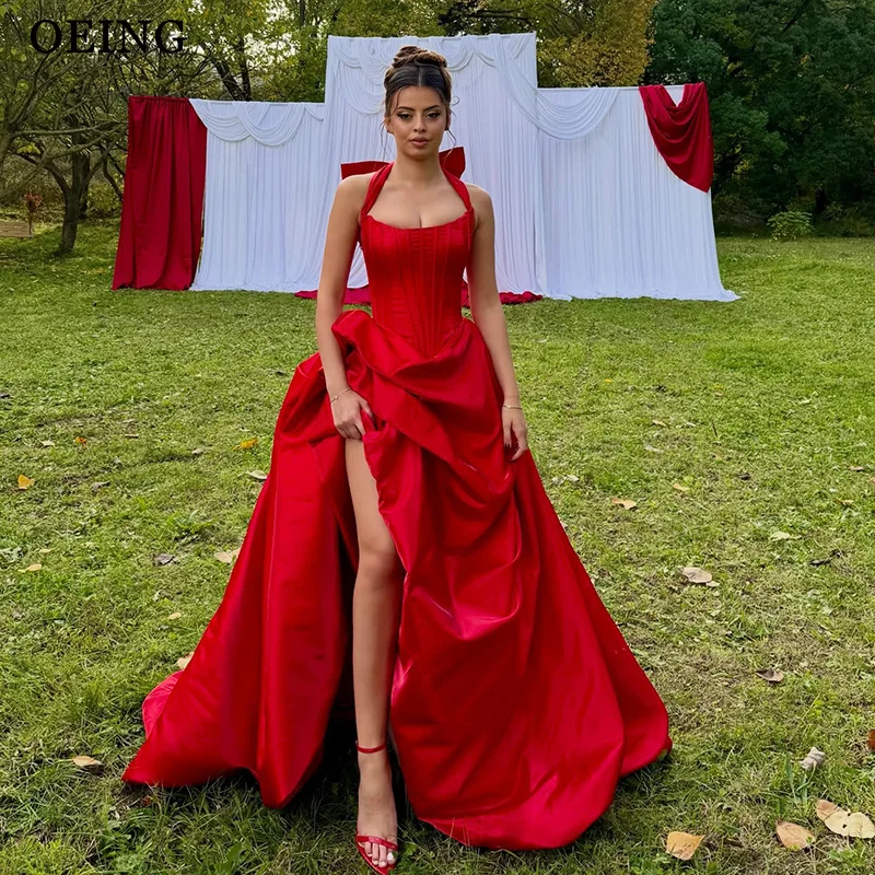 

OEING Charming A-Line Prom Dresses Red Halter Satin Asymmetrical Sleeveless Queen Maxi Party Dresses vestidos Customized
