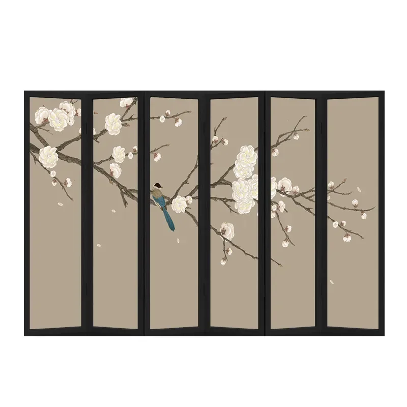 Modern Chinese Folding Screen Room Divider Floral Bird Print Portable Partition for Living Room Tea Space Home Decor