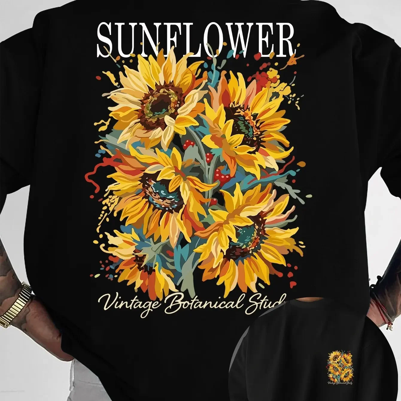 Men's Fashion T-shirt in Streetwear Style, Featuring a Trendy Oil Painting Sunflower Print, Machine Washable