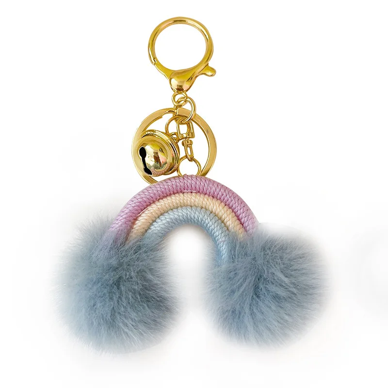 10pcs Keychain  Bohemian Rainbow Pompom Plush Ball Pendant Bell Key Ring