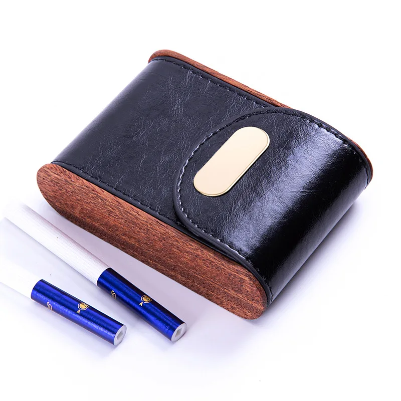 Solid Wood Vintage Leather Cigarette Case Tobacco Holder Storage Box Smoking Accessories Dad Men Gift