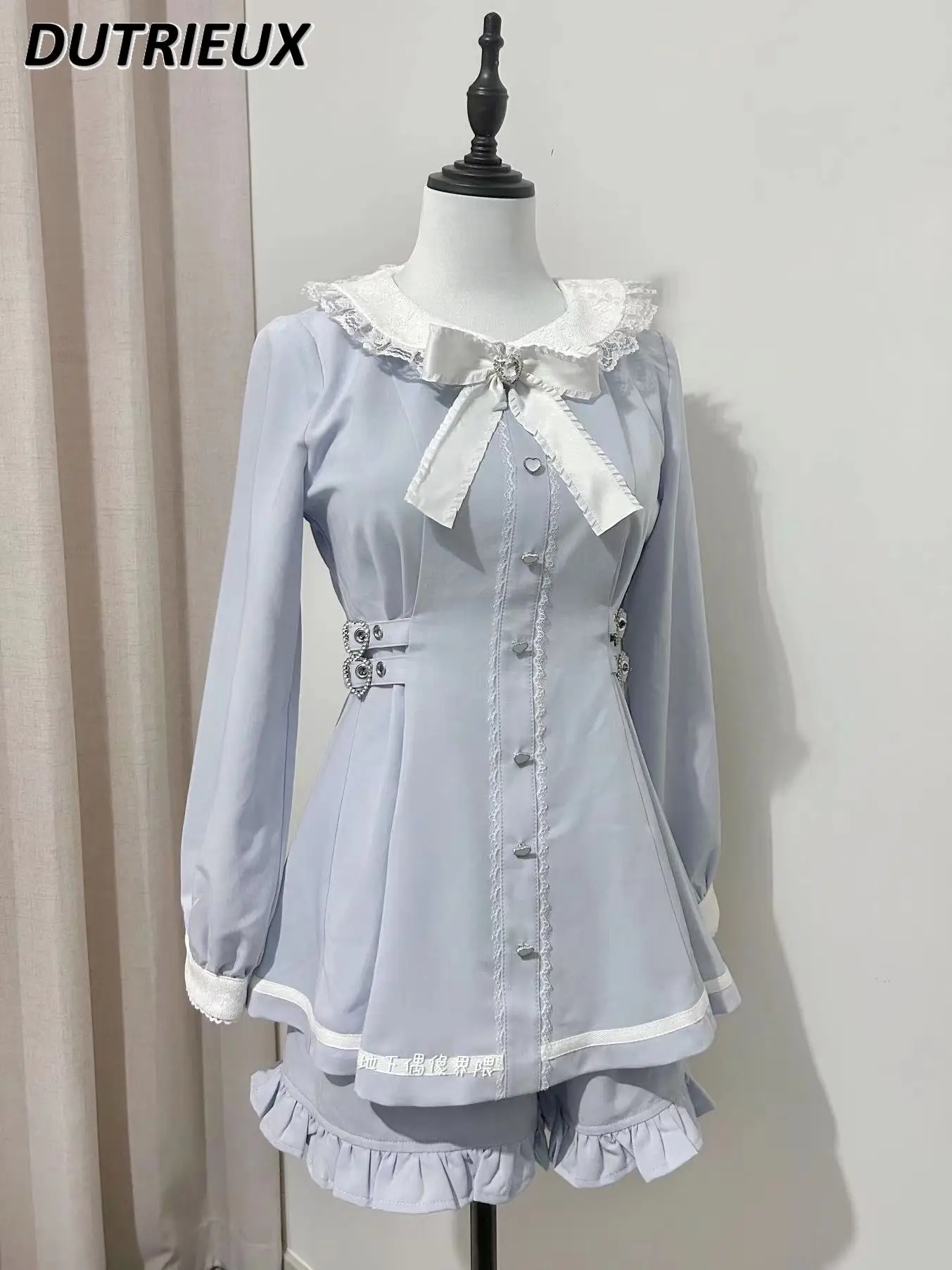 Japanese Mine Mass-Produced Heart Buckle Bow Lace Ruffles Slim Waist Dress Women Sweet Cute Lolita Long Sleeve Dress Shorts Set