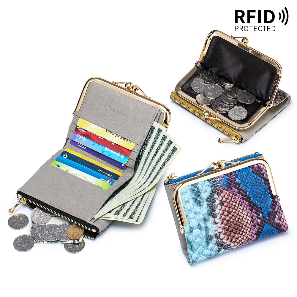 新しい本革製の蛇模様ショートウォレット、rfid保護機能付き、複数のカードスロット、トップレイヤー牛革クラッチバッグ、コイン入れ付き
