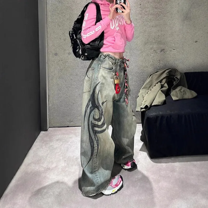 

Fashion Street Vintage Washed Print Jeans for Women 2025 New High Waist Denim Pants Y2k Straight Loose Wide Leg Pants