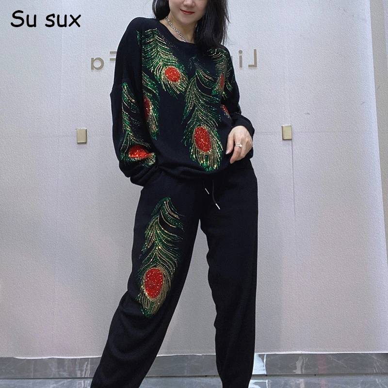 Feather Pattern Sequins Knitted Pencil Pants Sets Women Oversized 2 Piecce Sets 2024 Autumn Winter Casual Pullover Tracksuit Y2k