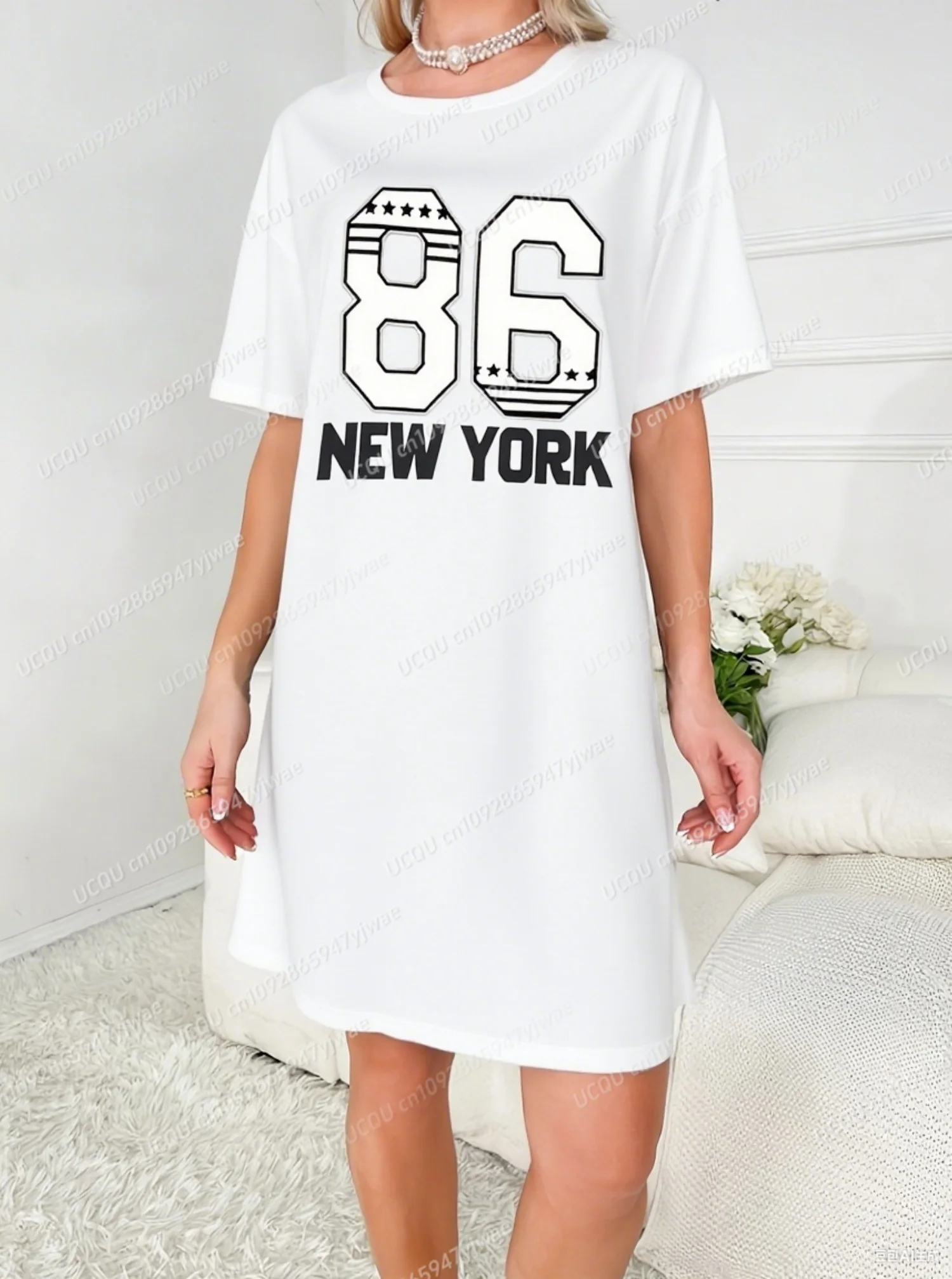 2025 Summer Polyester Women T-Shirt Dress Casual NO.86 NEW YORK Printed O-Neck Lady Short Sleeve Pullover Dresses Women Clothing
