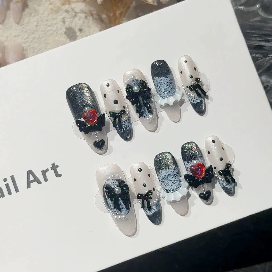 Halloween Black Aurora Cat's Eye False Nails Charming 3D Bow Decor Handmade Press On Nails Long Almond French Fake Nails 10pcs