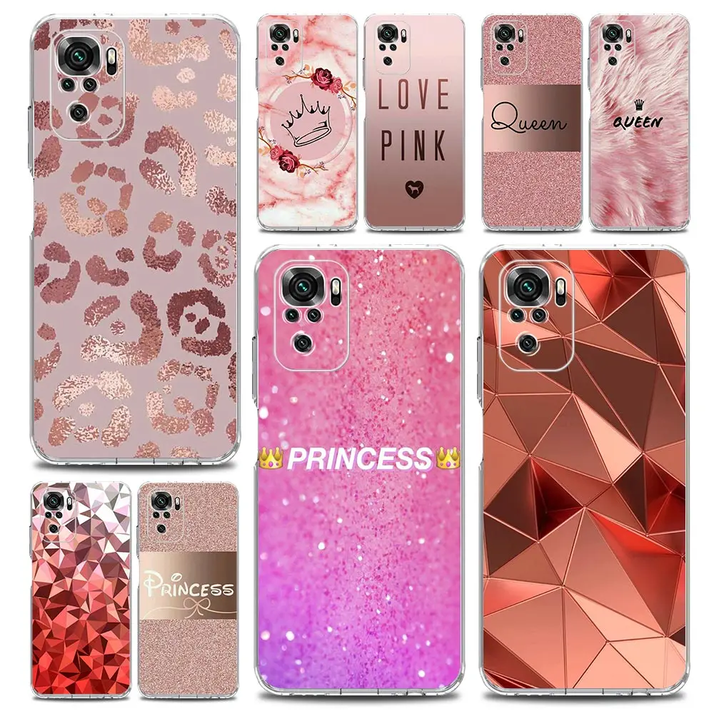 Rose Gold Pink Princess Queen Phone Case For Xiaomi Redmi Note 10 9 8 7 9T 8T 9S 11 12 Pro Plus 8A 9A 9C K40 Gaming Cover Clear