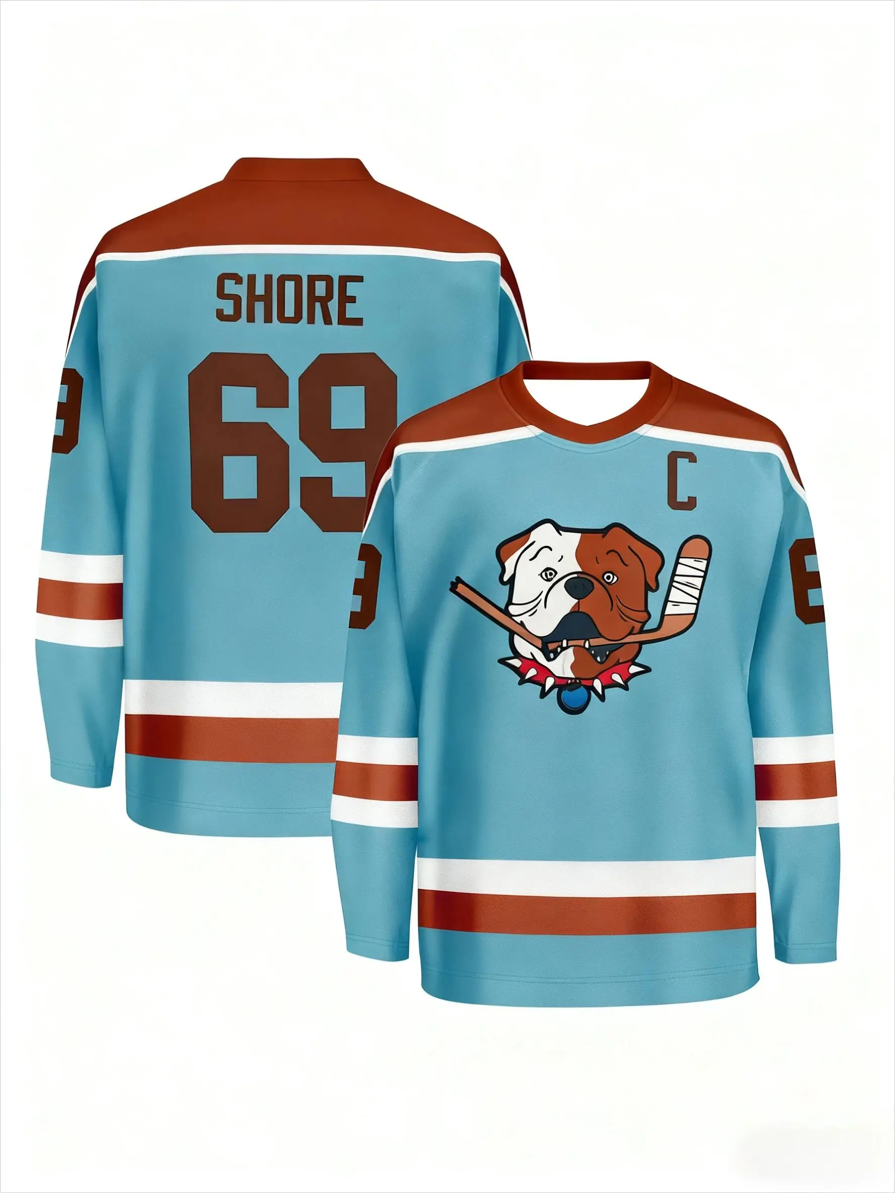 Shore 69 هوكي الجليد جيرسي الضوء الأزرق والبني مزين شعار البلدغ الكابتن "C" تنفس الرياضة HD ثلاثية الأبعاد تي شيرت مطبوع