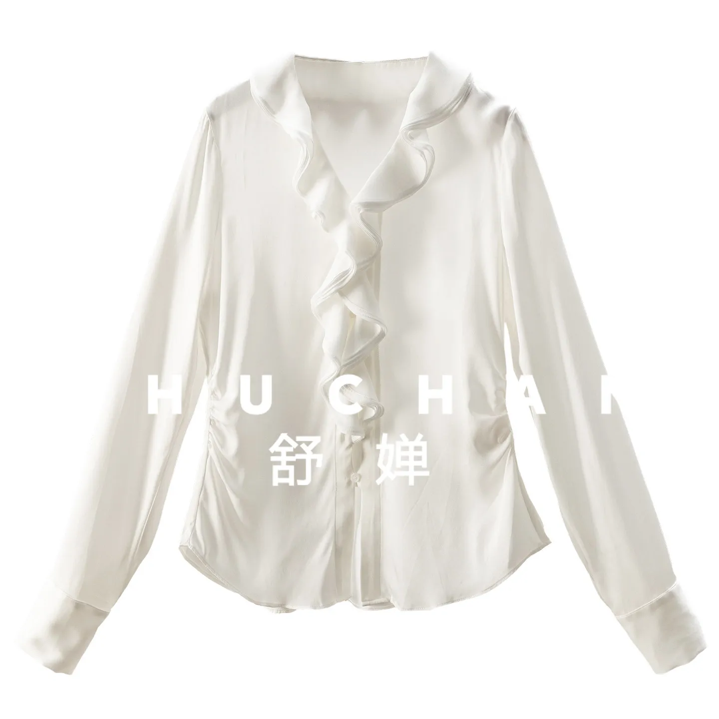 

White Shirt Women Office White Elastic Natural Silk Double Joe Lotus Leaf Edge V-Neck Waist Shirt H79F0