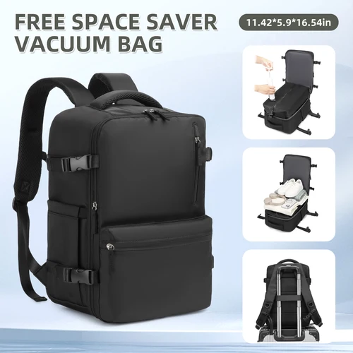 Mochila universal para equipaje de viaje con compresión al vacío y bomba de vacío: se puede llevar a bordo como equipaje de mano, parte trasera del ordenador portátil