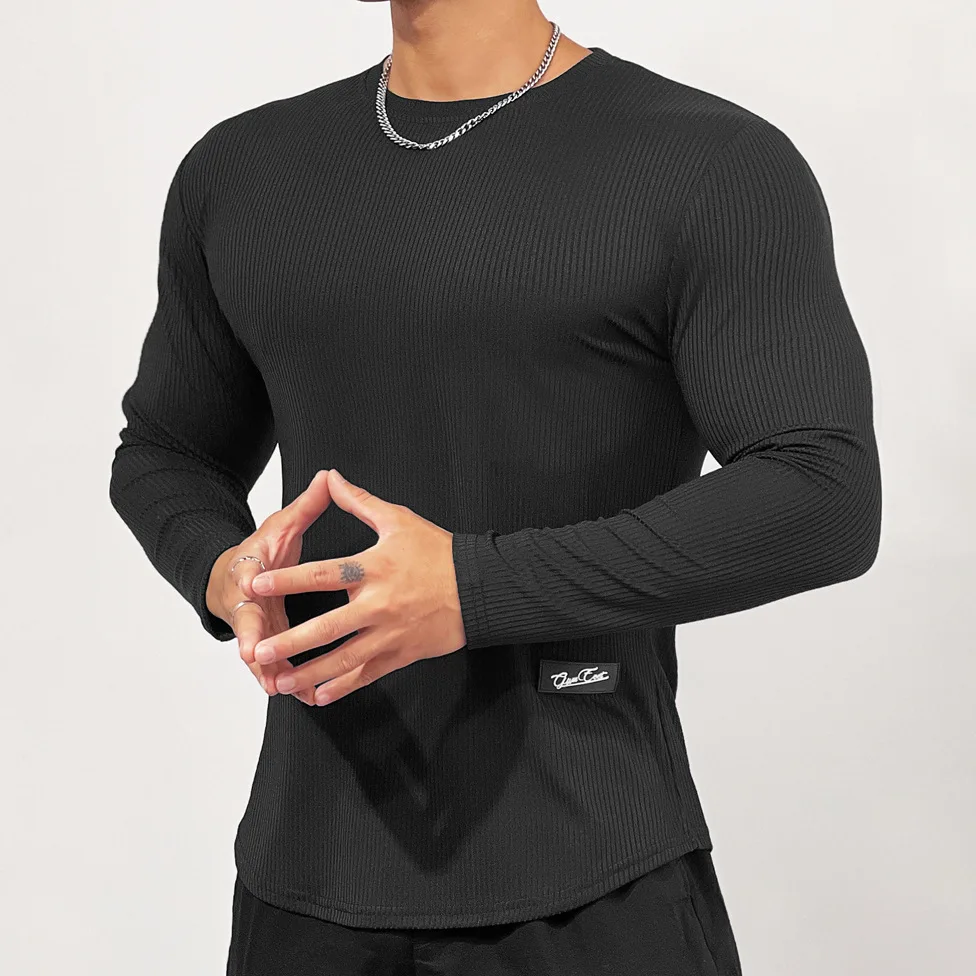 Autumn Winter Casual T-shirt Men Long Sleeves Solid Shirt Gym Fitness Bodybuilding Tees Tops Male Fashion Slim Stripes Clothing