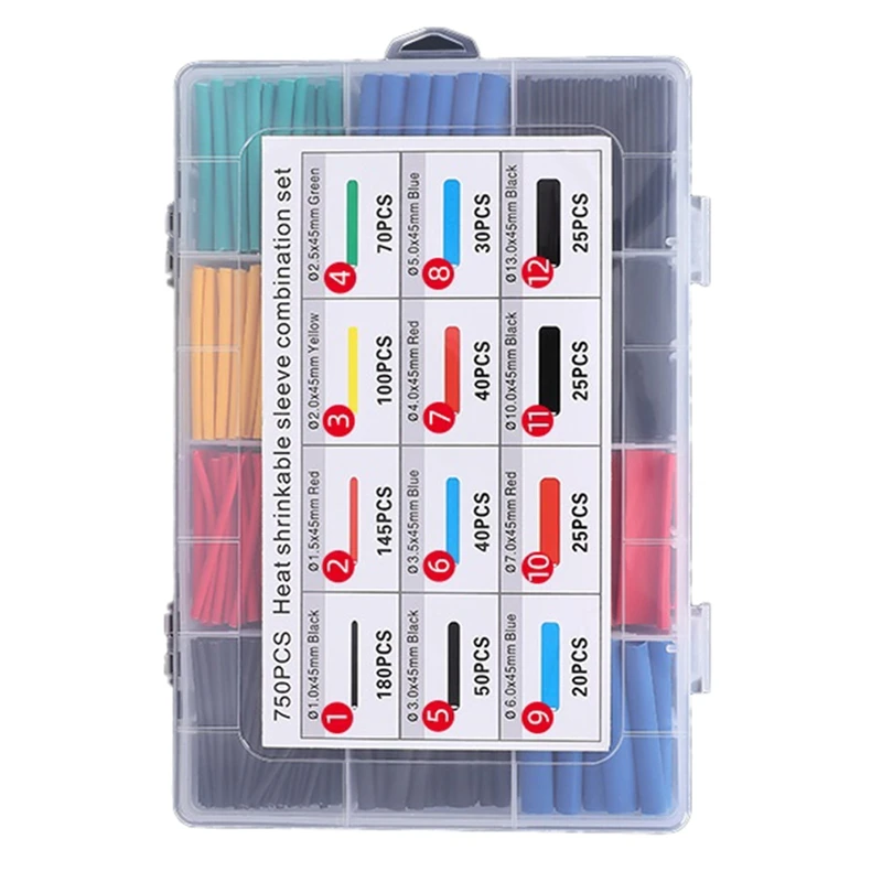 AT02-750Pcs أنبوب الانكماش الحراري أنابيب العزل أنبوبة قابلة للانكماش تشكيلة سلك كابل الإلكترونية كم عدة